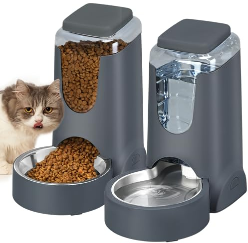 Automatic Cat Feeder and Water Dispenser with Stainless Steel Bowl Dog Gravity Food Feeder and Waterer for Small Medium Pets Puppy Kitten 1 Gallon x 2