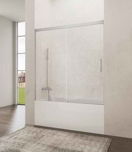 Mampara de Ducha Frontal | Cristal de Seguridad 6mm | Perfilería de Aluminio en 2 Acabados | Mampara Bañera Corredera (TRANSPARENTE CROMO, 150-155 cm)