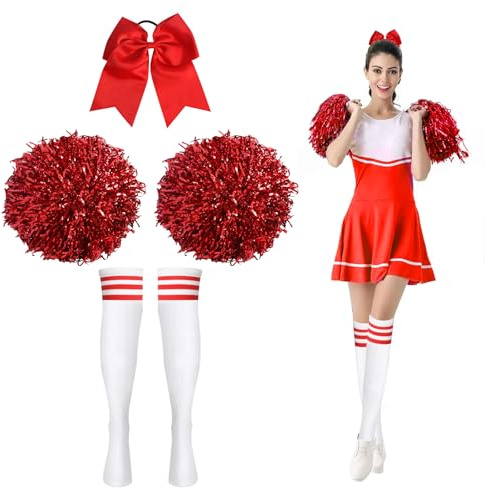 Pompon da cheerleader, 2 pompon da cheerleader, con calze e elastici per capelli, pompon da cheerleading cheerleader, con manici Cheer Poms per cheerleading performance, ginnastica (rosso)