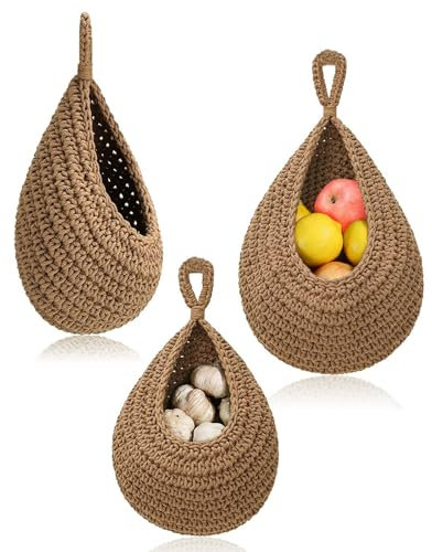 Alleshelfer Cestini da parete sospesi, 3 pezzi, per cucina, da appendere alla parete, per la frutta, intrecciati, per la decorazione della cucina, soggiorno, bagno, cesto di frutta, in iuta da