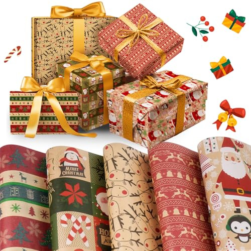 Rollo Papel Regalo Navidad Rollo Grande 5 Rollos, 43x300cm Papel de Regalo Navidad, Papel Regalo Infantil, Motivos Navideños Christmas Wrapping Paper