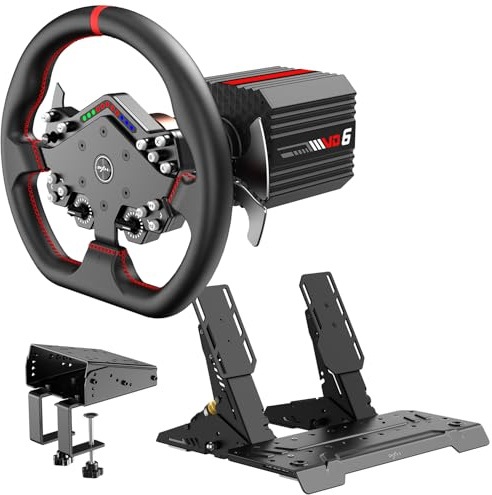PXN VD6 Direct Drive Bundle - PC Steering Wheel and Pedals – 6 Nm Direct Drive Servo Motor Base, W DS R2 Racing Wheel, Hall Effect 2-Pedal, and Table Clamp – Professional Sim Racing Setup for Windows PC (7–11)
