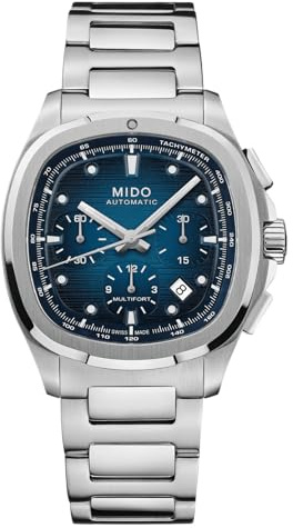 MIDO Multifort TV kronograf herr automatisk schweizisk klocka 41,2 x 42 mm fodral rostfritt stålrem + extra rem, Blå på rostfritt stål, Modern