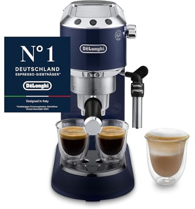 De'Longhi Dedica Style - Perfetto Kompakte Siebträgermaschine Espressomaschine mit Tasten, manuellem Milchaufschäumer für Espresso und Cappuccino, ESE Pad geeignet, 15cm breit, Blau (EC685.BL)