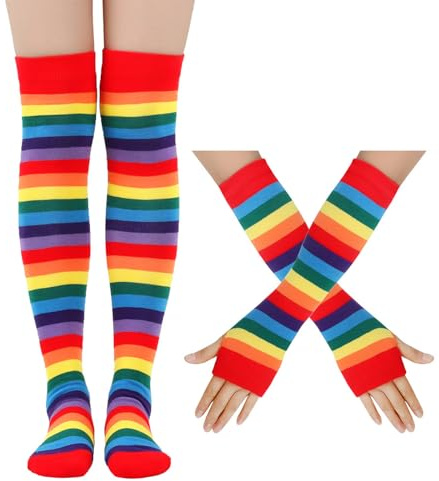 EQLEF Calze a Righe Donna, Calze Overknee Ragazze con Guanti Lunghi Senza Dita Ragazze Costume Coscia Calzini per Natale Festa a Tema di Halloween Carnevale (Colorato)