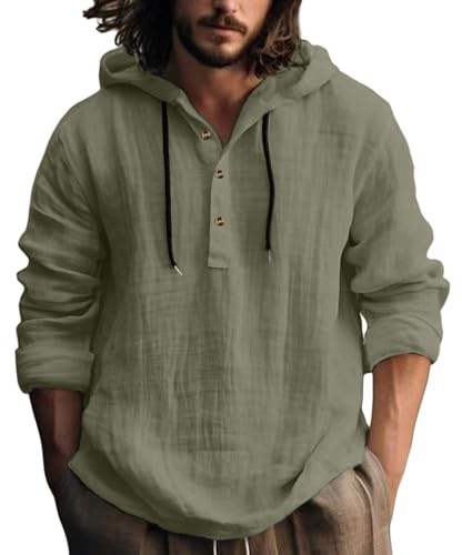 Camisas para hombre 2026 con capucha de lino casual de manga larga con botones, cómoda, playa, yoga, escuela, fiesta, versátil, básica, color sólido, para todas las estaciones del año