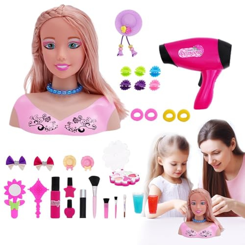 Testa di bambola per acconciature - Set di giocattoli per esercizi di bellezza per bambini con design a capelli lunghi, kit di makeover per giochi di finzione | Modello realistico per l'addestramento