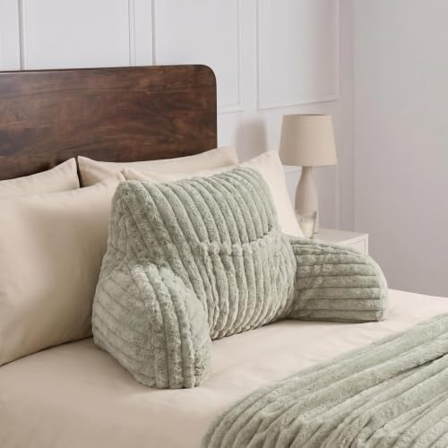 OHS Reading Pillow, Ribbed Faux Fur Cuddle Cushion Heatable Pocket, Sage | Stylish Back Support Cushion with Arms Soft Cosy Gaming Cushion Relaxing Comfy Working from Home Sit Up in Bed Pillow