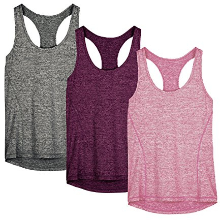 icyzone Damen Sporttop Yoga Tank Top Ringerrücken Oberteil Laufen Fitness Funktions Shirt, 3er Pack (L, Charcoal/Red Bud/Pink)
