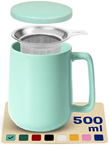 Cosumy Tazza di Ceramica con Filtro e Coperchio - 500ml Grande - Con Manico - Lavabile in Lavastoviglie - Per Tè e Infusi