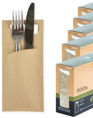PG PrimeGuest SUPPLY PRIME GUEST Bestecktasche Prime Fit 85x190mm Bestecktaschen mit Serviette in Weiß Serviettentasche ideal für Gastronomie und Feiern 500 Stück (Naturbraun)