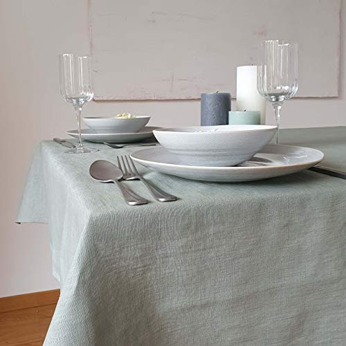 Farnberg Premium Tischdecke aus Leinen - Stofftischdecke für Küchentisch, Esstisch - Fleckschutz Tischtuch - Leinentischdecke - (135 x 250 cm) - (Uni-Salbei)