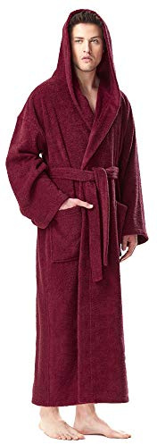 Arus Peignoir de bain pour hommes avec capuchon, longueur mollet, Rouge vin, L-XL