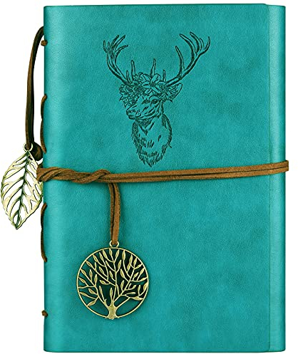 Asten Leather Journal, Leather Notebook Refillable Vintage Diary Travel Spiral Bound Journal Lined Paper, Embossed Deer and Retro Pendants for Men and Women A5 (Blue)