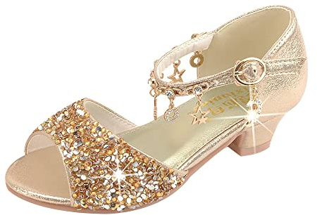 New front Chaussure Princesse Fille Sandales Talons Fille avec Paillettes Chaussures de Danse Noël Halloween Chaussure à Talons Hauts Enfants Anniversaire Déguisement Doré 36