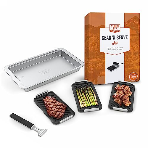 Yukon Glory Sear 'N Serve Cast Iron Grill Pan Set, 3 Cast Iron Grill Baskets with Serving Tray & Clip-On Handle, for Stovetop or Outdoor Grills