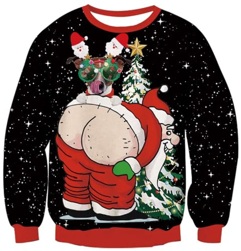 Fanient Ugly Jumper 3D Stampa Felpa Grafica di Natale Maglione Pullover Top Manica Lunga T Shirt per Donne Uomini, Babbo Natale Nero., L