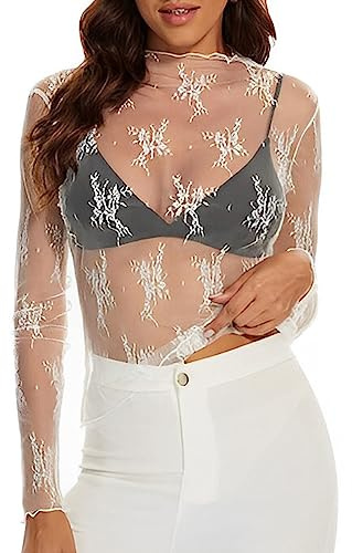 SamHeng Maglietta Donna Trasparente Camicia Mesh Tops Collo Alto Camicette Manica Lunga Maglie in Rete Tunica Bluse Elegante Casual Shirts Sexy Clubwear Casual-Bianco