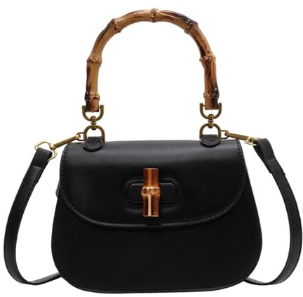 Women's Leather Tote Handbags,Bamboo Shaped Top Handle Satchel Crossbody Bag Vintage Shoulder Bag (Black)