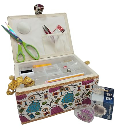 JYC CREATIVE Grande couturière avec accessoires de couture, boîte à coudre doublée en tissu avec compartiments, boîte à couture complète, cadeau pour les mères, les amis, les sœurs, (robe, grand)