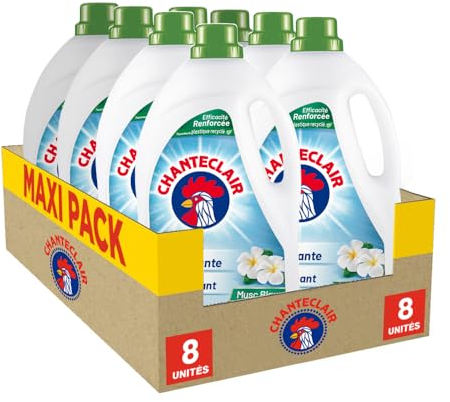 Chanteclair - Lessive Liquide Concentrées Musc Blanc, Enrichie au Dégraissant, Ultra Détachantes et Efficaces aussi à Froid, 40 lavages - 8x 1800 ml