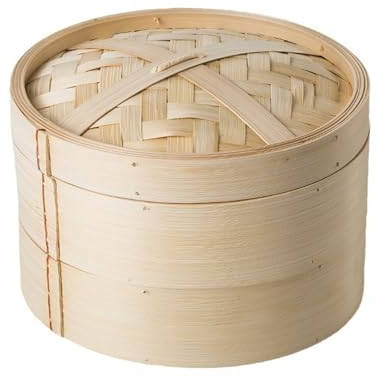 ANSNOW Vaporera de Bambú, Cesta Vaporera de Alimentos de Dos Niveles/Vaporera Dim Sum, Incluye Tapa de Bambú Y 2 Cestas de Bambú, Ideal para Cocina Asiática, Bollos, Albóndigas, Verduras, Pescado/A-