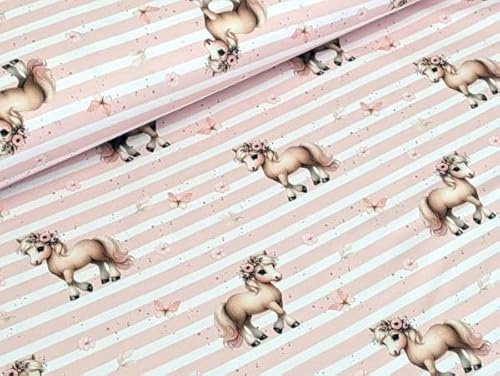 Eigenproduktion Bio Baumwolljersey Blumenpony auf Streifen Schmetterling Hellrosa Meterware Kleiderstoff Kinderstoff