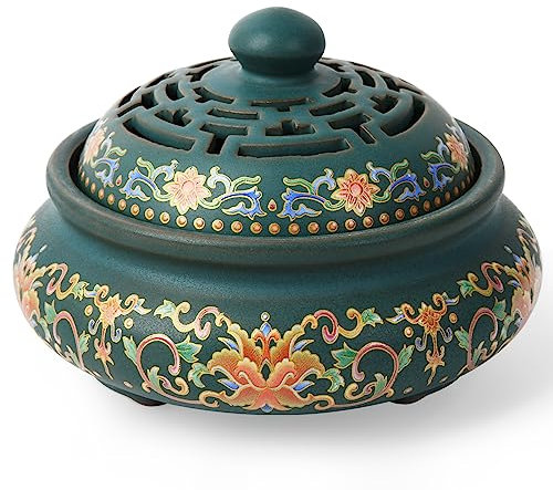 EOIMS Ceramic Incense Burner with Holder Handmade Smudgeing Burning Bowl for Cone/Stick/Coil Incense,Sage Cones and Mosquito (Enamel)