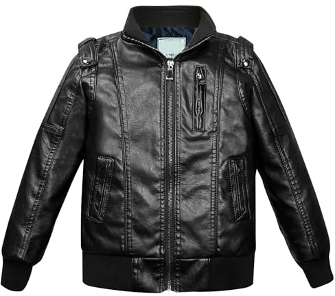 L Server - Giacca in Similpelle per Bambino, con Colletto Alto, in Pelle Sintetica, Stile Motociclista, per Primavera e Autunno, Nero , 12-13 Anni