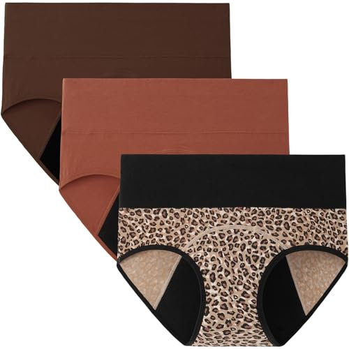 INNERSY Periodenunterschwäsche Hohe Taille Menstruation Unterwäsche Auslaufsicher Slip 3 Pack (42, Braun/Rotbraun/Leopard)