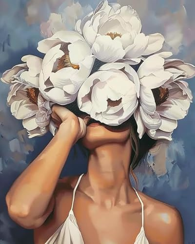 SULISO Peinture par Numéro Fleur Adulte avec Pinceaux et Acryliques Bricolage Peintures Kits pour Adultes Enfants Seniors Débutant,Sans Cadre 40x50cm,Fille aux pivoines