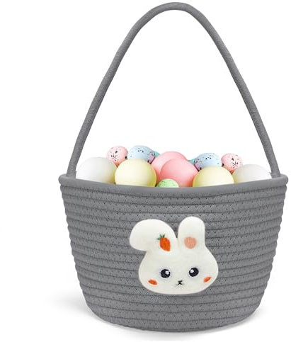 Goodheim Cestino pasquale per bambini con manico – Grazioso cestino pasquale con coniglietto in peluche, personalizzabile, nido pasquale da riempire per ragazzi e ragazze, grigio