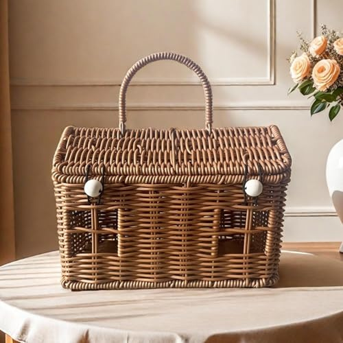 Cesta en forma de casa con tapa, organizador decorativo tejido a mano con asa plegable, cesta de mimbre natural para picnic, Pascua, organización, almacenamiento (A)