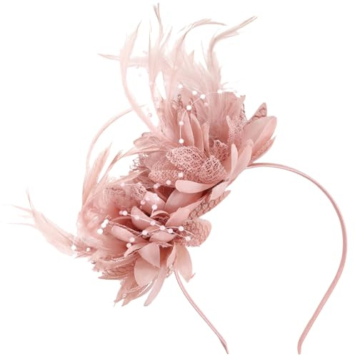 GWAWG Bandeau à Plumes Vintage Années 1920, Serre-tête avec Fleurs Artificielles, Accessoire Cheveux Femme pour Mariage, Cocktail, Soirée, Style Gatsby Décoration Rétro (Rose, Taille unique)