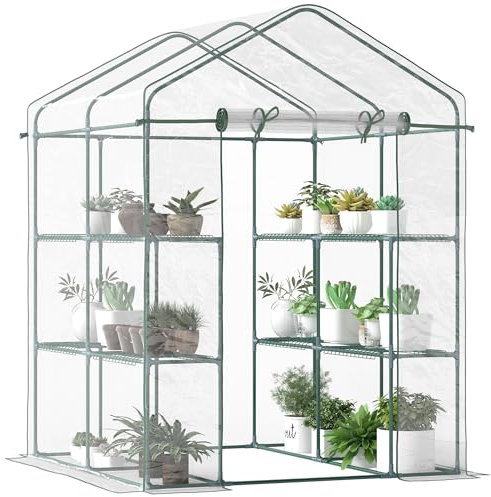 Outsunny Serre de Jardin avec étagères 3 Niveaux, Serre de Balcon, bâche renforcée, châssis en Acier, Porte zippée Enroulable, pour Plantes légumes Fleurs, extérieur et intérieur, 143x143x195cm, Vert