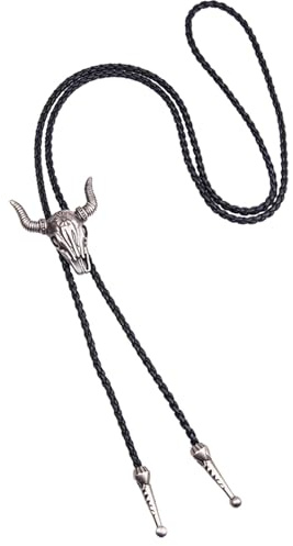 Bolo Tie,Leather Cowboy Necklace Mens Accessories Cowboys Tie Cowgirl Skull Pendant Black Chain Necklaces Retro Cow Head Cord Necklacecord Wild Western Theme Jewellery Gift Bootlace Ties for Men,Women