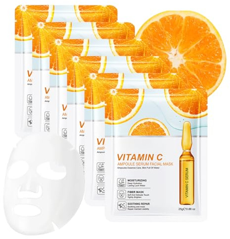 VC Hydrating & Brightening Sheet Mask Set-Hydrating Face Mask with Vitamin C, Citrus Extract-Glass Skin Face Mask for All Skin Types-Teenager Gifts Girls (6 Packs)