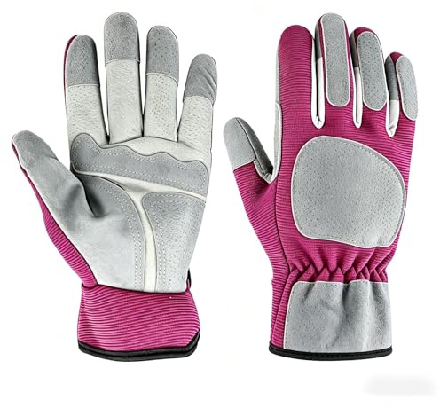 Gardening Gloves for Women, Ladies Leather Gardening Gloves, Thorn Proof Safety Work Gloves, Gardening Accessories for Women/Men Breathable Puncture Resistant Outdoor Yard Work Medium(Purple)M