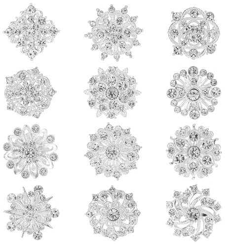 12 Pcs Crystal Rhinestone Flower Brooch Pins Set, Silver Brooch Pins for Women Alloy Wedding Bouquet Brooches for Women Fashion Crafts Embellishment Bridal Wedding Bouquet Kit