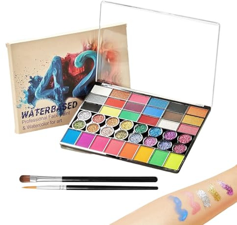2 pennelli pittura viso - Colori per bodypainting, trucco di carnevale - Set completo di trucco viso | da applicare & da pulire per bambini, Halloween, Natale, festa & spettacoli