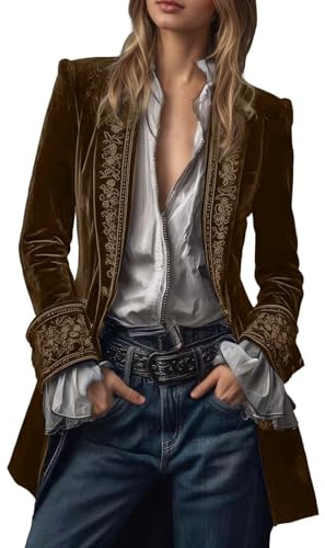 Blazer vintage da donna in velluto, con scollo a V, ricamato, giacca lunga in velluto, colletto dentellato, cappotto vittoriano, gotico, pirata, steampunk, medievale, O marrone, L