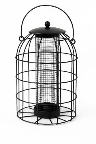 Squirrel Proof Peanut Bird Feeder Cage - 24cm Black Metal Hanging Nut Feeder for Small Wild Garden Birds - Weather Resistant Peanut Seed Feeder for Garden Trees, Hooks & Feeding Stations UK