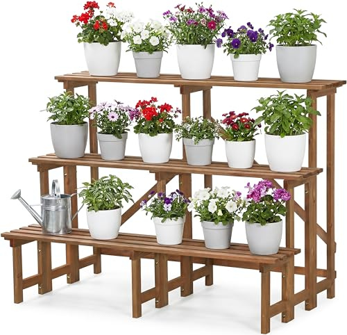 needs&wants® Escalera grande para plantas con 3 niveles, soporte para plantas, soporte para plantas, estantería para plantas, estantería para flores, estantería XL de madera, resistente a la