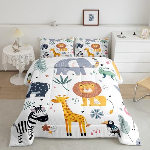 Feelyou Kids Zoo Animal Comforter Set Cute Wild Animals Bedding Set Cartoon Safari Wild Print Comforter for Boys Girls Children Teens Bedroom Decor Exotic Natural Theme Duvet Set Full Size