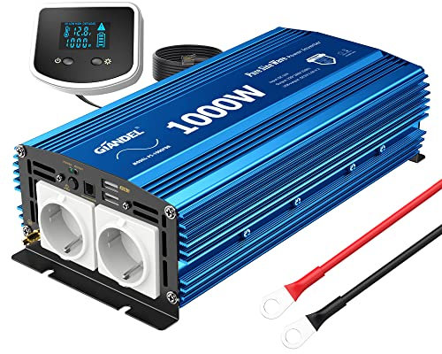 Giandel 1000w Inversor de Corriente de Onda Sinusoidal Pura Convertidor DC 12V a AC 220V 230V con Mando a Distancia Pantalla LCD & 2 Tomas de CA & 2 Puertos USB para Coche RV cámping