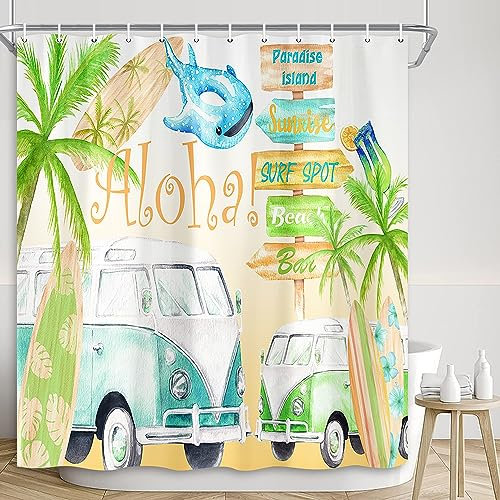 Shocur Sommer-Strand-Duschvorhang, tropische Palme am Meer und Urlaub, Reise, Camper, Auto, Surfbrett, 183,9 x 183,9 cm, Polyestergewebe, Badezimmer-Dekor-Set mit 12 Haken