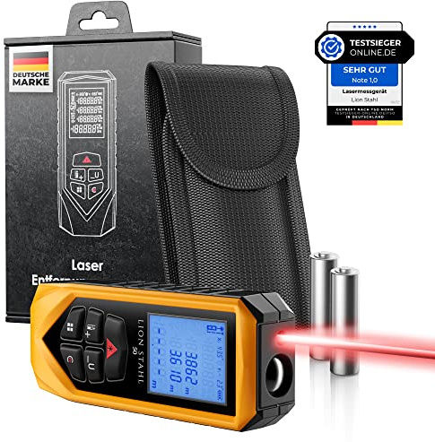 Lion Stahl Germany Laser-Entfernungsmesser von 5cm-50m Innenbereich, Laser-Champion, inkl. Batterien, Automatische Berechnung von Fläche, Volumen, Dreiecke, Pythagoras, Orange