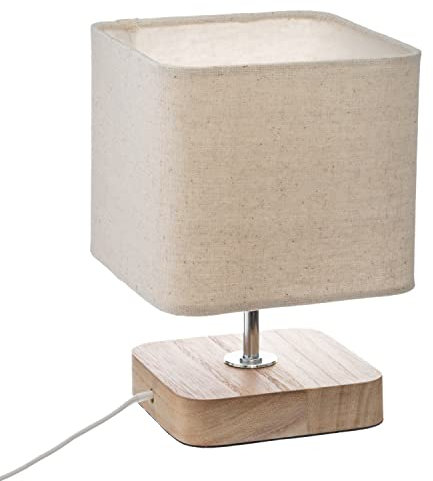 Lámpara de Mesa, Lámparas de Mesita de Noche, Base Madera, Pantalla de Tela, Beige, Lámpara para Escritorio, Salón, Oficina, Comedor, Dormitorio, Bombilla no Incluida, 14,5 x 14,5 x 21 cm