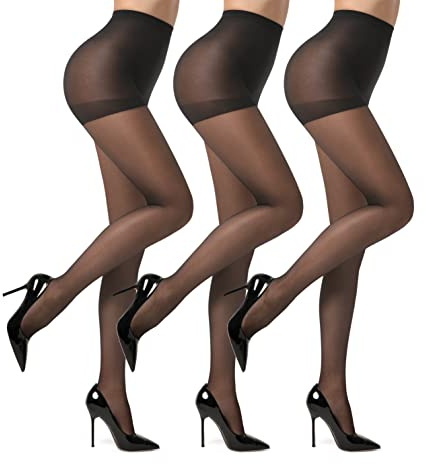 EVERSWE 3 Pairs Women's Sheer Pantyhose 20D, High Waist Control Top Pantyhose Hosiery (Black, S)
