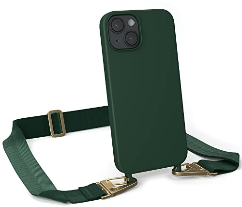 EAZY CASE - Hülle mit Band kompatibel mit iPhone 14 Handyhülle mit Umhängeband Silikonhülle Schwarz Handykette zum Umhängen Handykordel Schutzhülle für Smartphone in Pinien Grün - Clips Gold